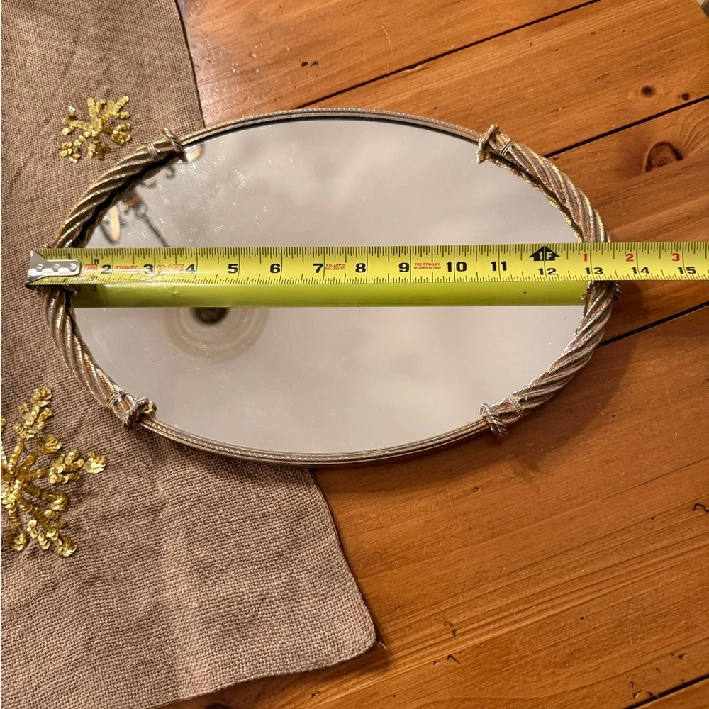 Vintage Stylebuilt Oval Mirrored Vanity Tray Organizer Rope Bow Gold Tone